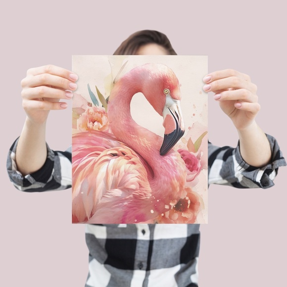 Watercolor Pink Flamingo Portrait Wall Art Illustration Print Poster Unframed - Picture 4 of 5
